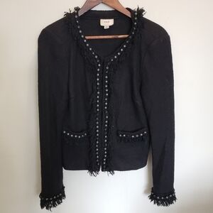 Eci New York Tweed Fringe Blazer Black Beaded Steampunk Wool Blend Size Medium